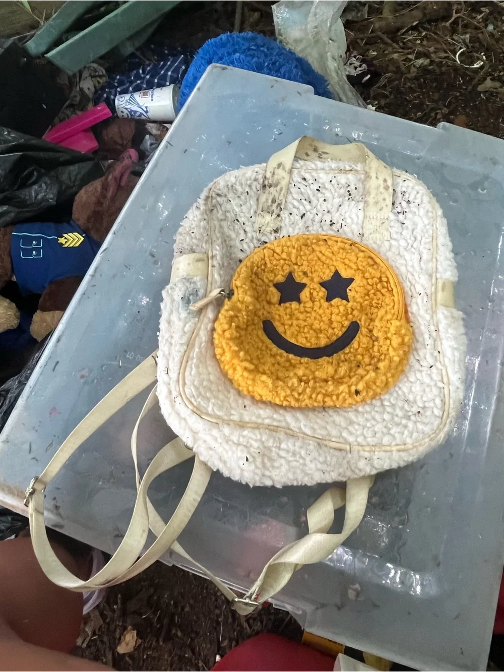 Smiley Face Sherpa Backpack in Cream and Yellow